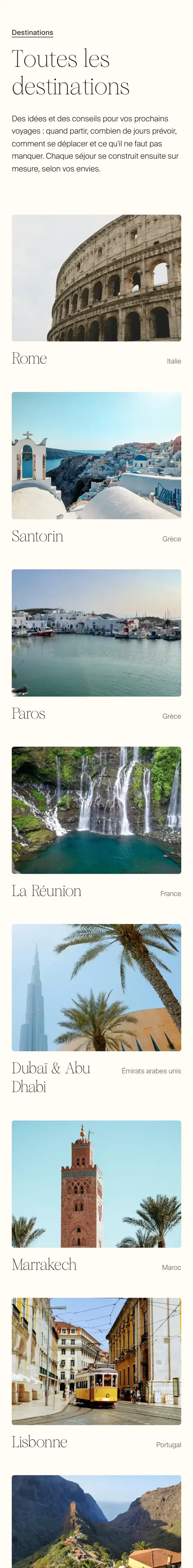 Les Alizées Travel sur mobile, page Destinations