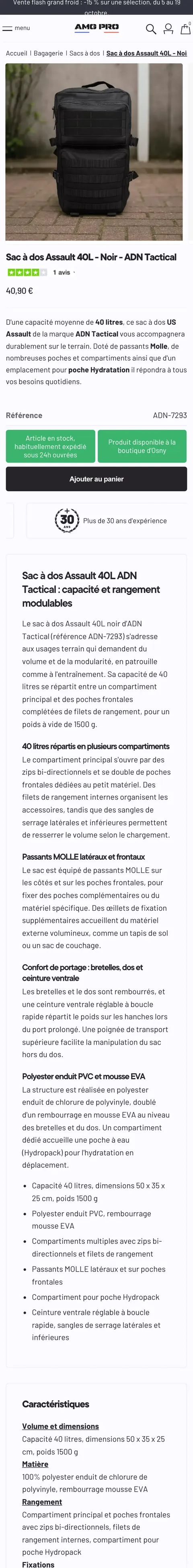 AMG Pro sur mobile, fiche produit sac à dos Assault 40L